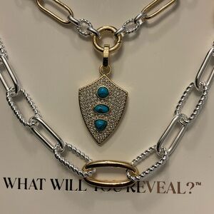 Gold and Silver Shield Pendant Necklace with Turquoise Stones